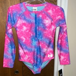 NWT Under Armour Pink blue & purple Long Sleeve Rashguard Girls One-Piece UPF30